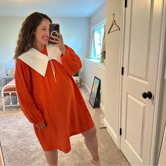 Sindiso Khumalo x & other Stories Orange Textured Peter Pan Collar Mini Dress 10 - Picture 4 of 16